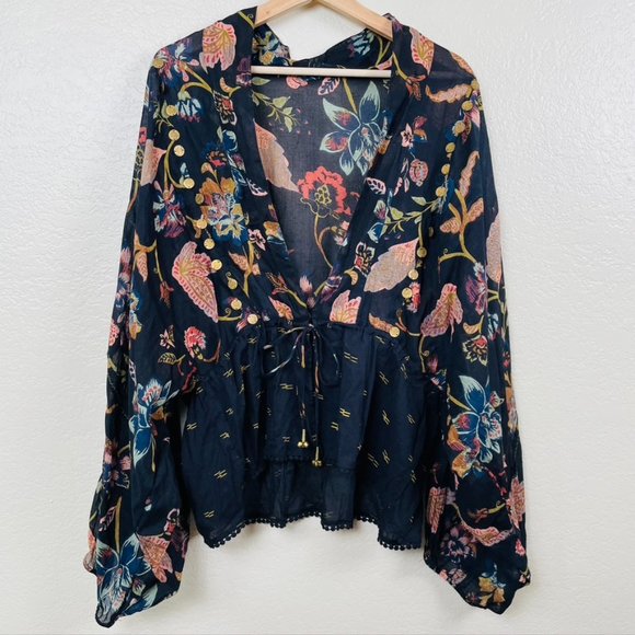 Free People Accessories - Free People Black Kimono Tie Front Sheer Floral OS